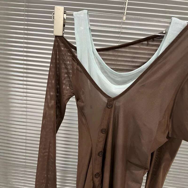 2025 Summer New Slanted Shoulder Mesh Shirt For Women Slim Fit Splicing Fake Two-Piece Long Sleeved Tops Female 11A04431