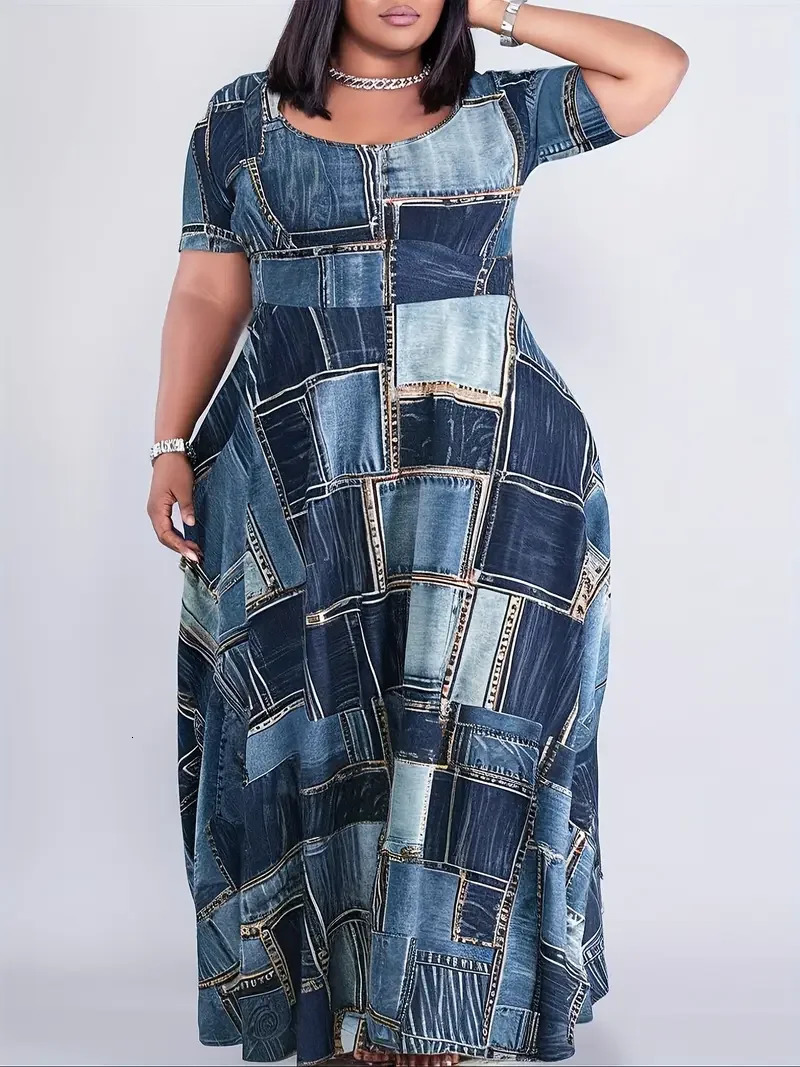 Plus Size 1XL-5XL Summer Maxi Dress Womens Casual Denim Plaid Dress Ladies Round Neck Short Sleeve Summer Maxi Dress Flared Hem 250509