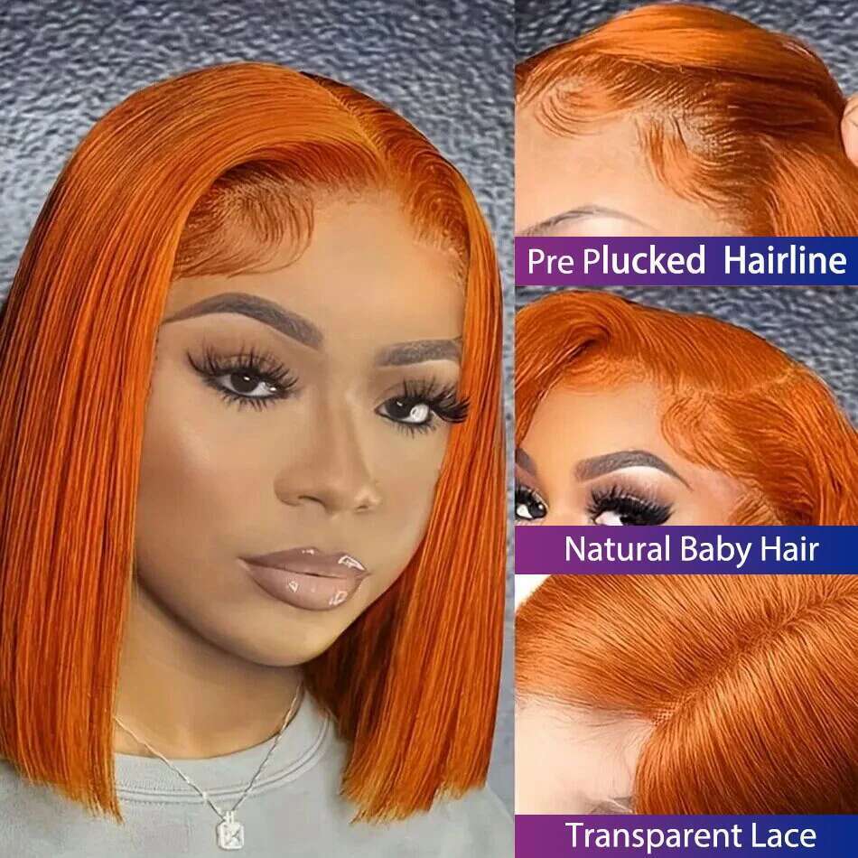 Front Short Bob Wig 350 Ginger Orange Color 13x4 Straight Transparent Lace Frontal Wigs Human Hair For Black Woman 10 Inch