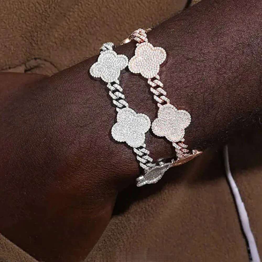 Yu Ying Clover Gold Sterling Sier VVS Moissanite Cuban Link Chain Bracelet for Hip Hop Jewelry