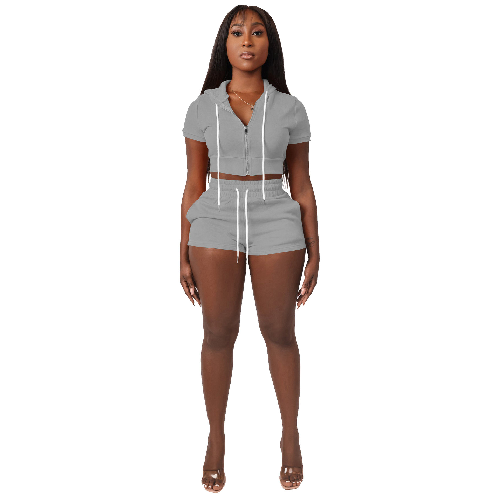 Hr8210 womens zipper cardigan solid color jacket hooded two-piece set