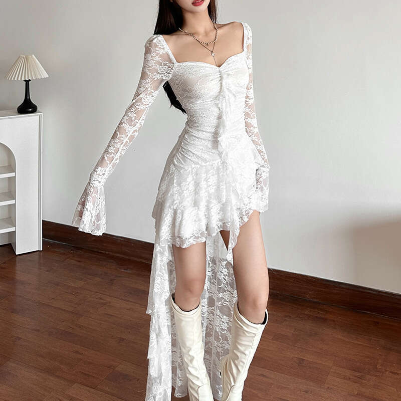 Wind 2025 Spring/Summer New Women's Solid Color High Waist Fashion Square Neck Long Sleeve Lace Splicing Dress