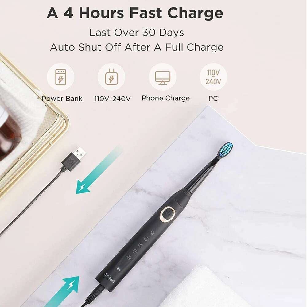Fairywill Electric Toothbrushes for Adults Kids 5 Modes Smart Timer Rechargeable Whitening Sonic Toothbrush with 10 Brush Heads