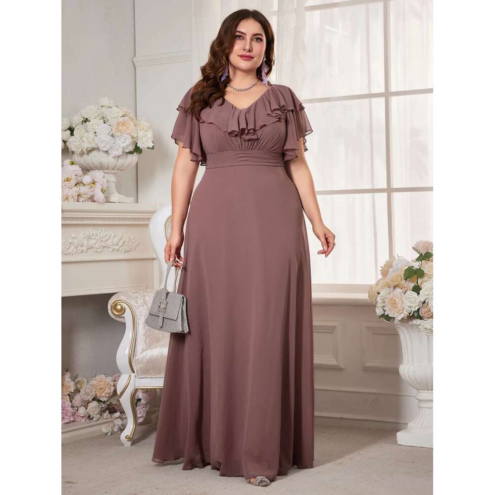 Unithorse Plus Size Women's Bust Ruched Tierred Short Sleeve Elegant Chiffon Dress