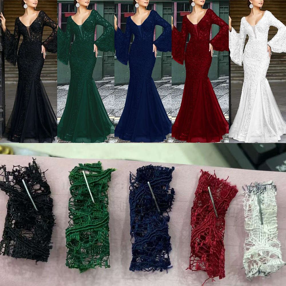 2025 New Women's Lace Embroidered Fish Tail Black Slimming Evening Dress