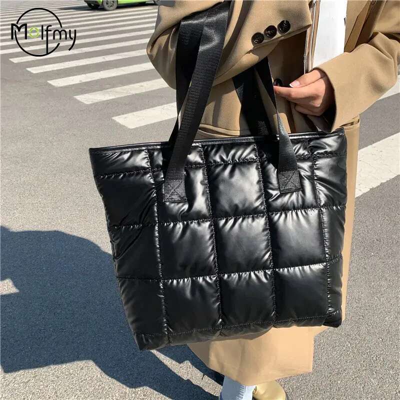 Waterproof Tote For Women Puffer Cotton Padded Shoulder Large Capacity Ladies Handbags Quilted Work Commute Shopping Bag