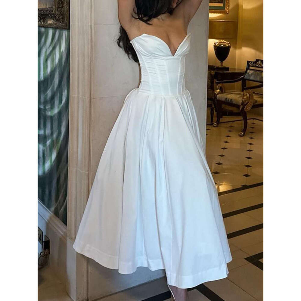 White Dress Maxi Dress New Women's Sexy Strapless, Backless, Fishbone Waist Tied Black Long Dress, Formal Dress KQ