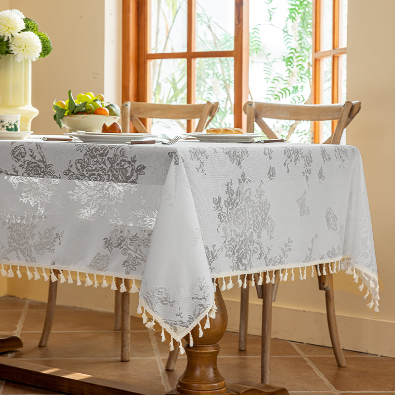 A756 French light luxury tassel jacquard tablecloth polyester hollow restaurant dustproof tablecloth rectangular mesh cover cloth wholesale