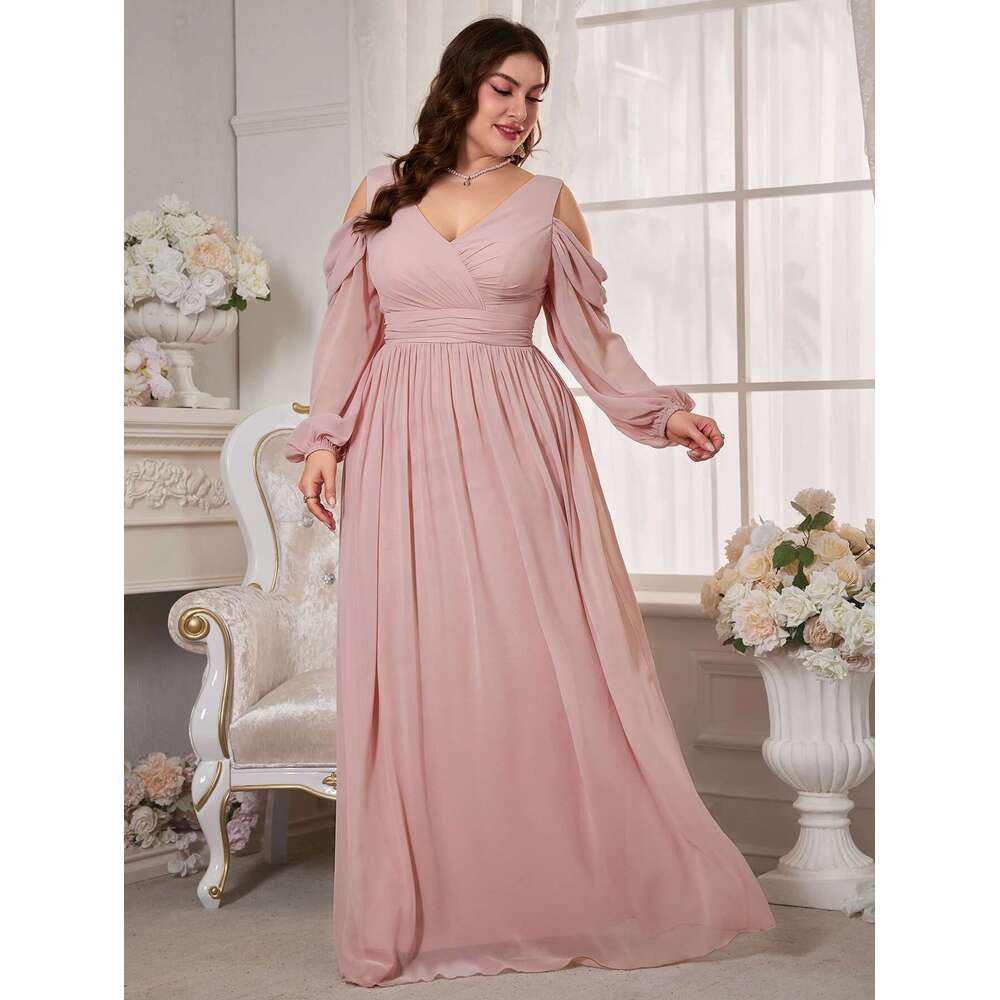Unithorse Plus Size Women's Bust Ruched Long Sleeve Floor-Length Pink Chiffon Dress