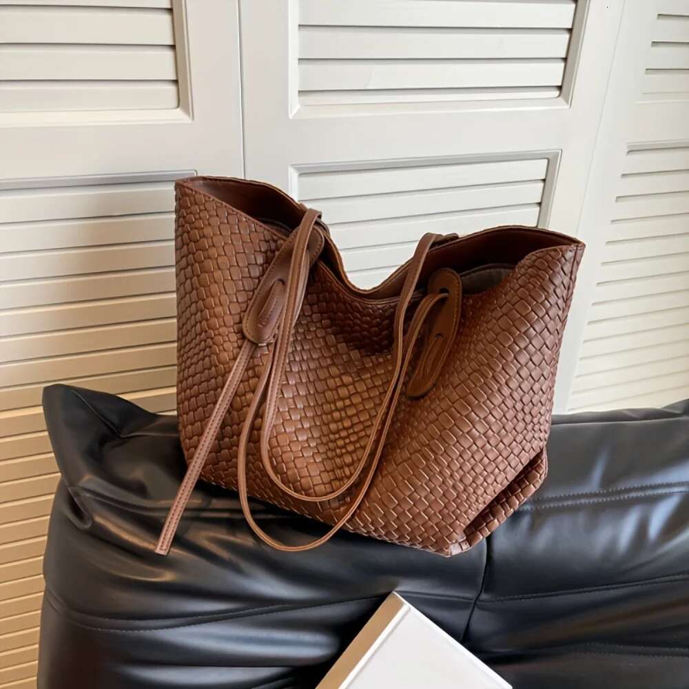 Large PU Leather Tote Bag Spacious, Durable Versatile Ideal For Commuting Shopping - Trendy Woven Design & Comfortable S