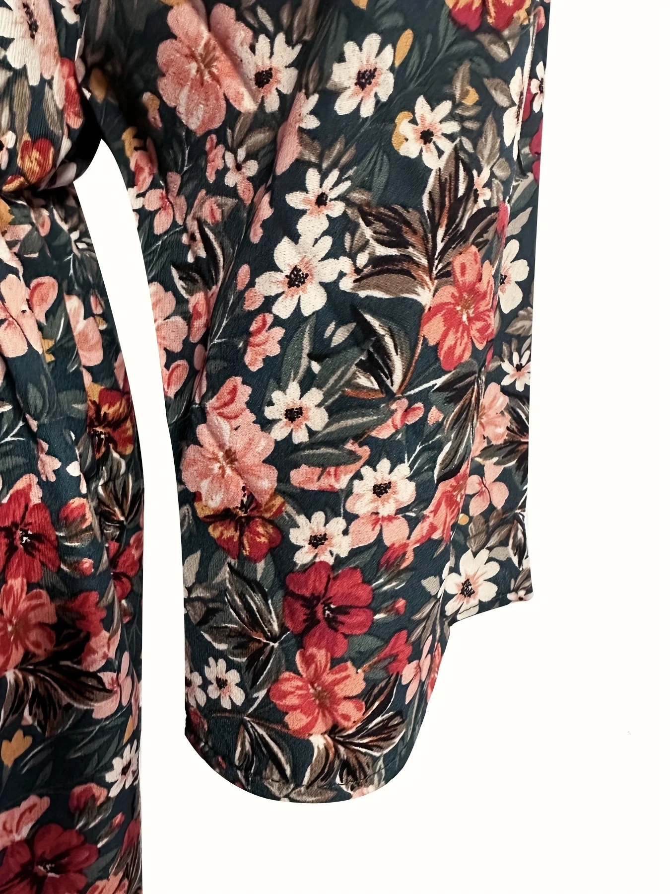 Plus Size Womens Pleated Floral Round Neck Casual Midi Dress with Fringe Detail Polyester 3/4 Sleeves Ruffle Hem Dress 250509