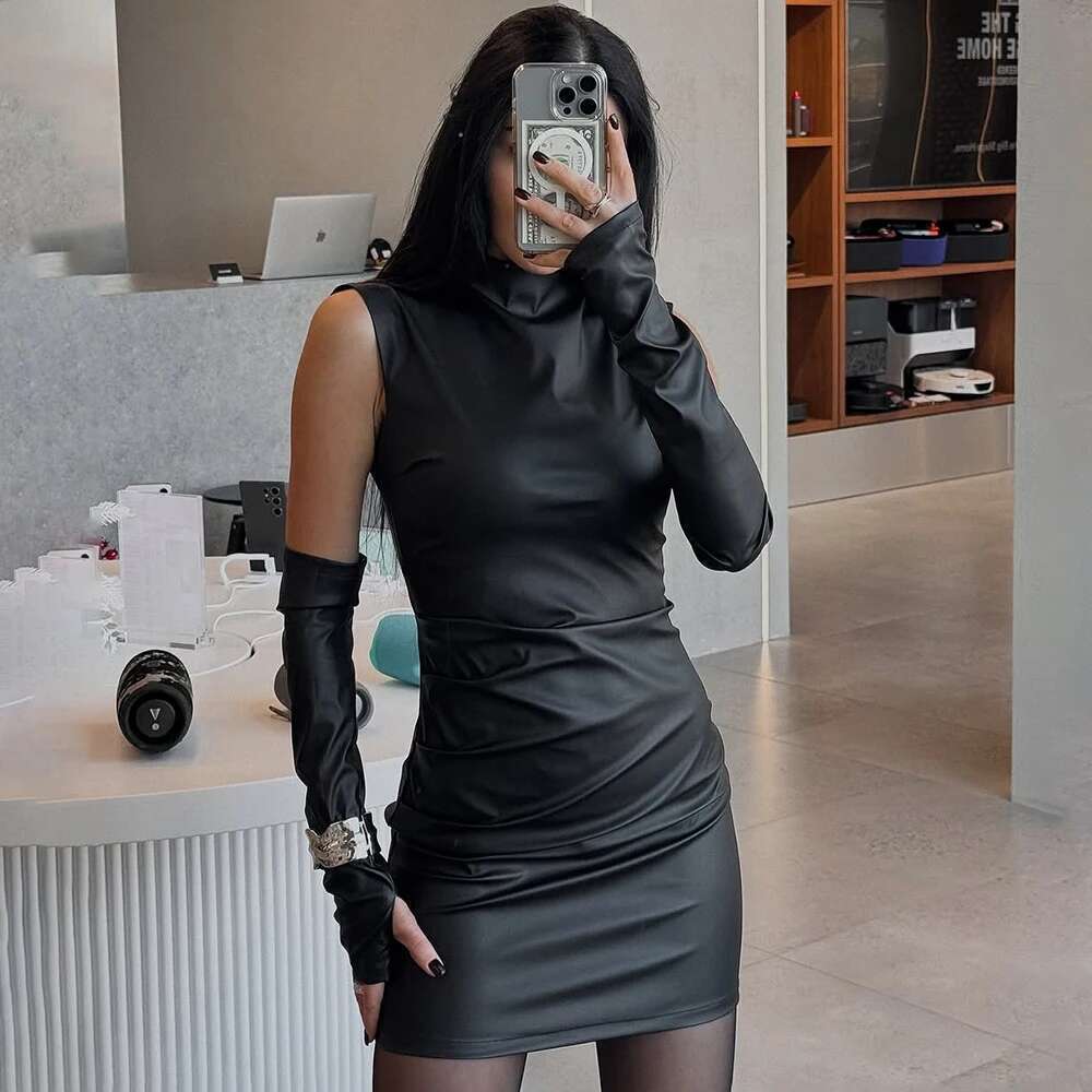 Talenza Skinny Mini Women Summer Sexy PU Leather Zipper Sleeveless Short Solid Gloves Y2k Party Club Dress