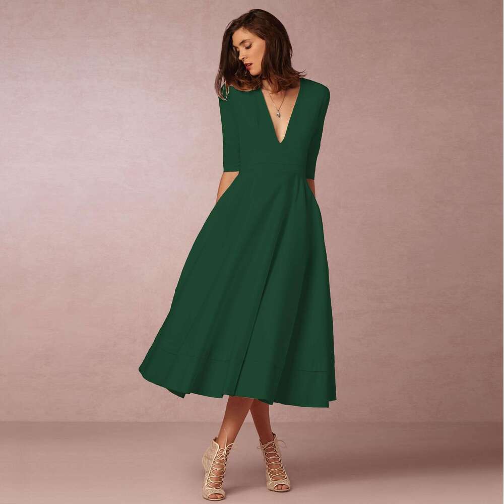 White Dress Maxi Dress 2024 New Women's Evening Sexy Deep V Mid Sleeves Large Hem Dress KQ
