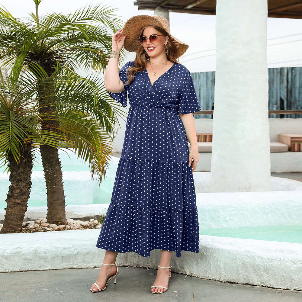 Plus Size Birthday Dress Vestidos De Noche Fulllace Summer New Product Womens Plus Size Polka Dot Casual Vacation Dress V-neck Elegant Large Swing Mid