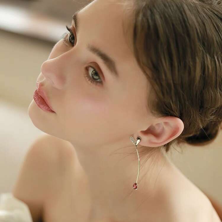 Spring's Little Grass Sprout Design by Master Pigeon Blood, Same Style Red Zircon Love Long Earrings, Versatile and Elegant