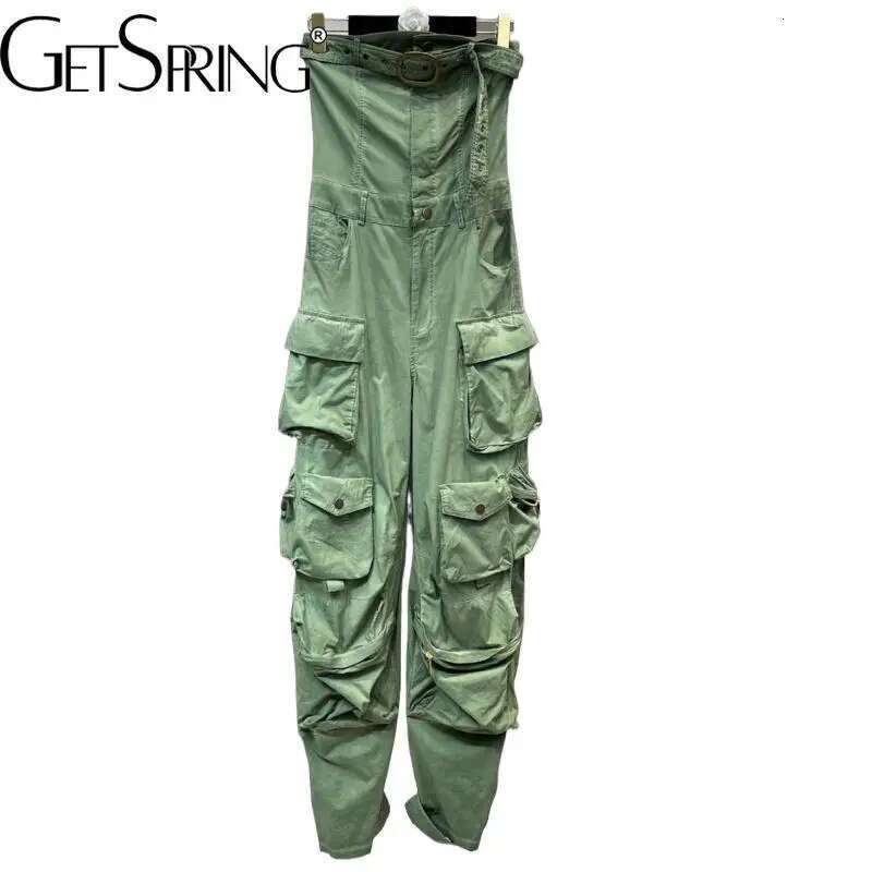 Getspring Women Jumpsuit 2023 Autumn Sleeveless Strapless High Waist Belt Multi Pockets Design Loose Casual Long Cargo Pants New