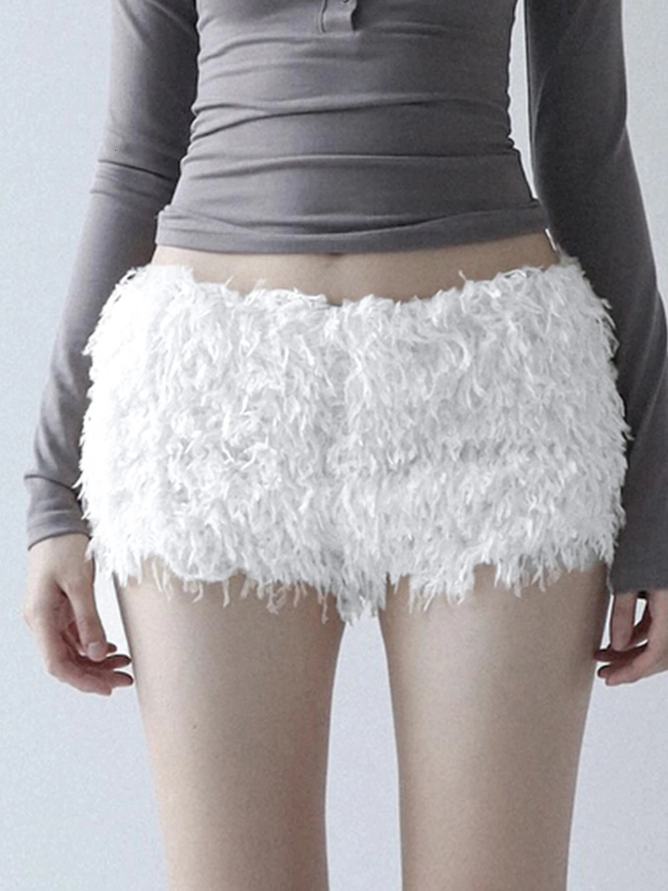 Faux Fur Solid Knitted Womens Short chic Y2K Skinny Simple Low Waist Autumn WInter Basic Pants 250514