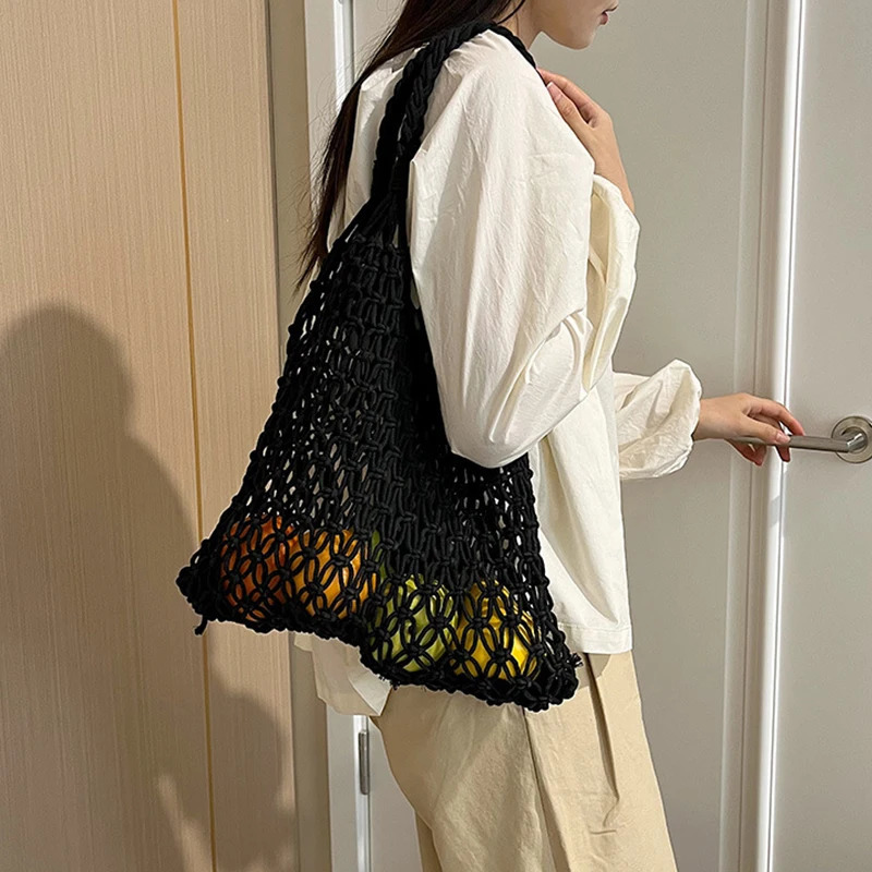Solid Color Woven Shoulder Bag Summer Womens Hollow Out Versatile Vacation Bag Handmade Mesh Bag 250515