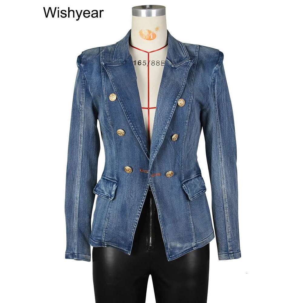 Fashion Notched Collar Long Sleeve Double Breasted Denim Coats For Women Slim Jeans Jacket Casual Streetwear Female Blazer Tops