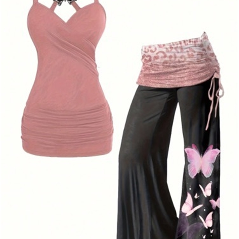 Two piece set of oversized brushed butterfly lace lotus pink patch top tie dye wide leg pants 250506