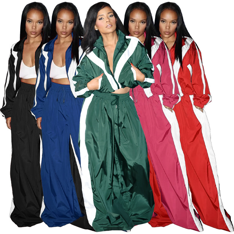 HR24071 Womens Zipper Waist Collar Color Contrasting Super Large Super Fat Trendy Two Piece Set