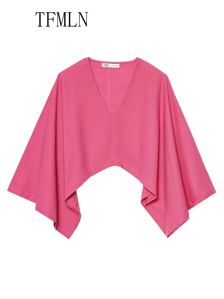 TFMLN Summer Women Asymmetrical Kimono Style Blouse Fashion Causal Vneck Batwing Sleeve Loose Top High Street Pullover 250515
