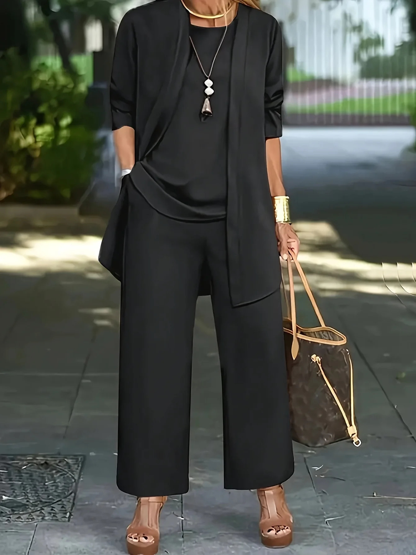 Plus Size 1XL-5XL Womens Fashion Three-Piece Outfit Set Ladies Casual Long Sleeve Cardigan Tank Top and Long Pants Outfits 250514