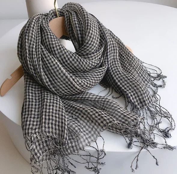 100% linen small plaid scaves summer spring japanese style crepe air conditional shawls black white check weaved pashmina wraps 250514