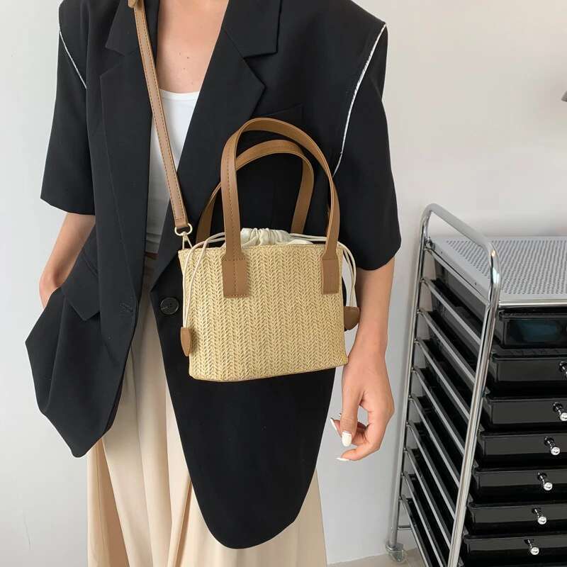 Knit Travel Straw Woven Beach Bag Wrist Pack Women Handle Female Bucket Tote Bags Rattan Ladies Purses Handbag