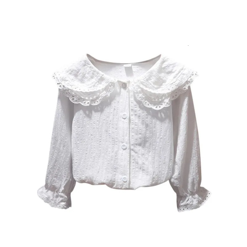 Girls Fashion White Blouses Children Style Lapel Blouse Flared Sleeves Tops Kids Long-Sleeved Cotton Lace Casual Blouses 250515