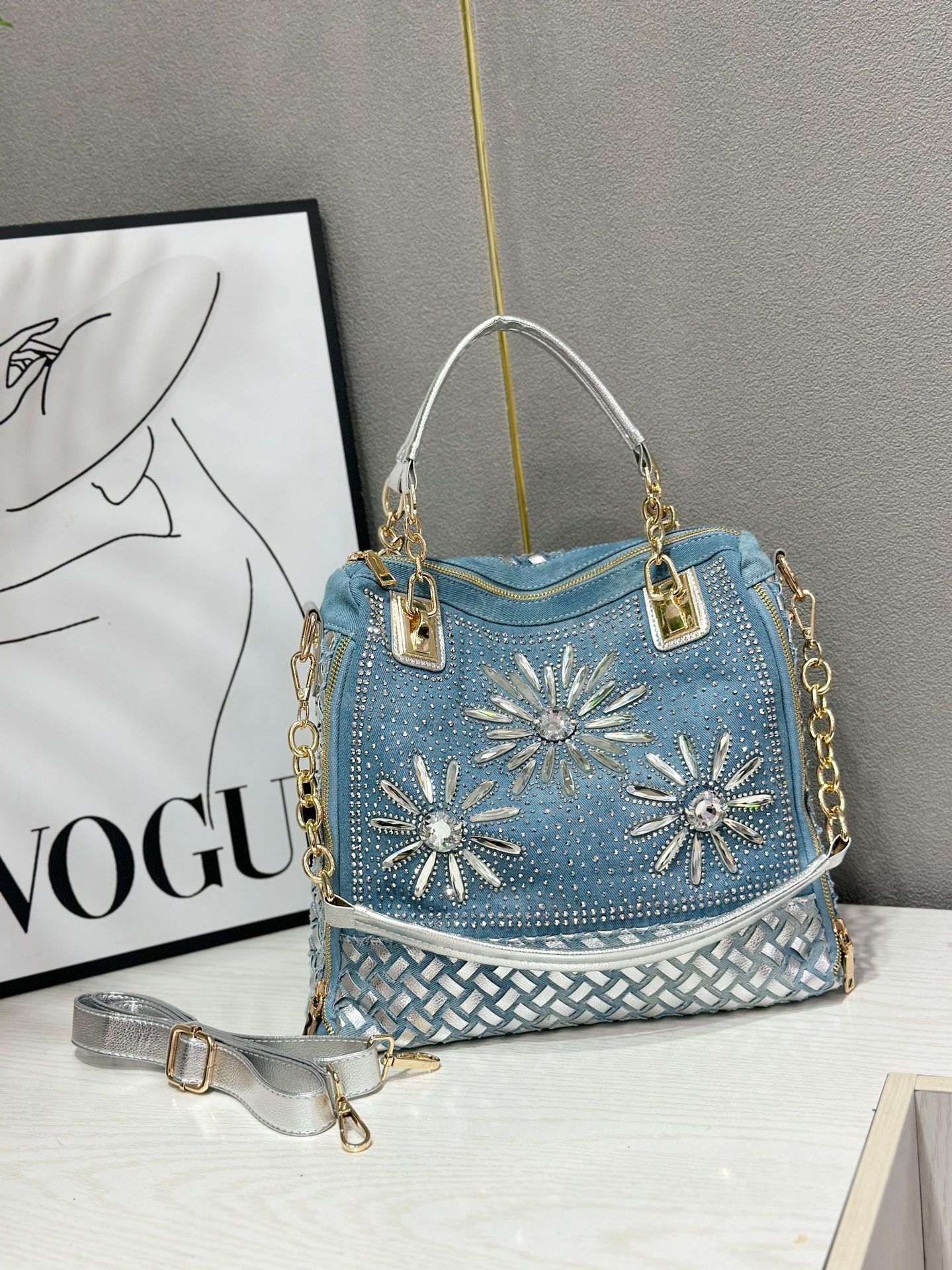 2025S designer new fashionable handbag with diamond inlaid denim woven women versatile shoulder crossbody bag