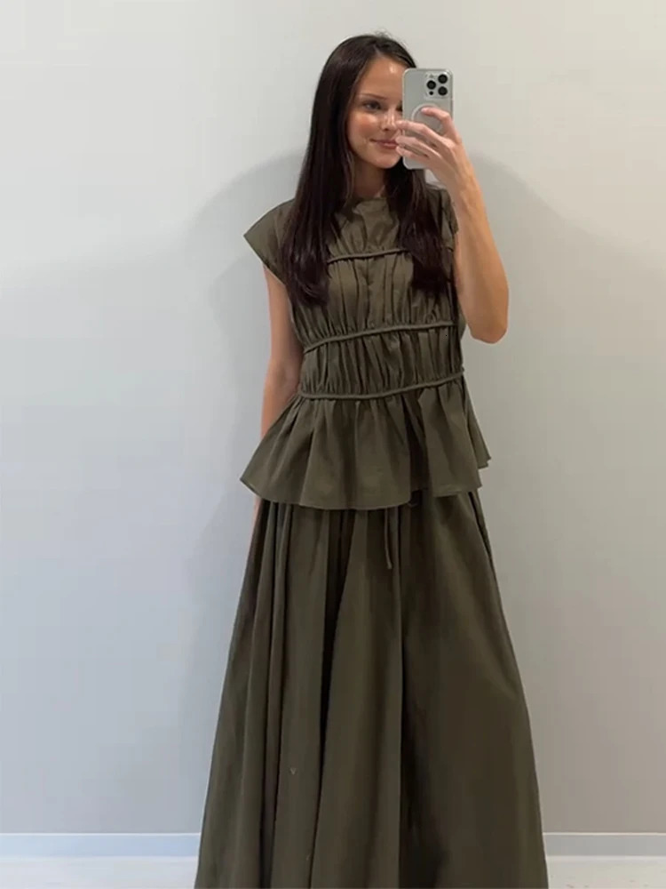 Wrinkled Sleeveless Top Straight Leg Pants Half Skirt Women 3 Piece Set Slim Wide Aline Skirts Summer Commuting Suit 250515