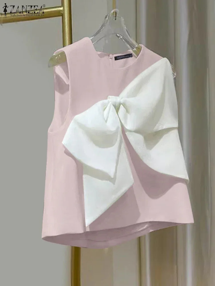 ZANZEA Summer Chic Sleeveless Oneck Tops Korean Sweety Bow Tie Tanks Beach Patchwork Tank Women Solid Blouse 250515