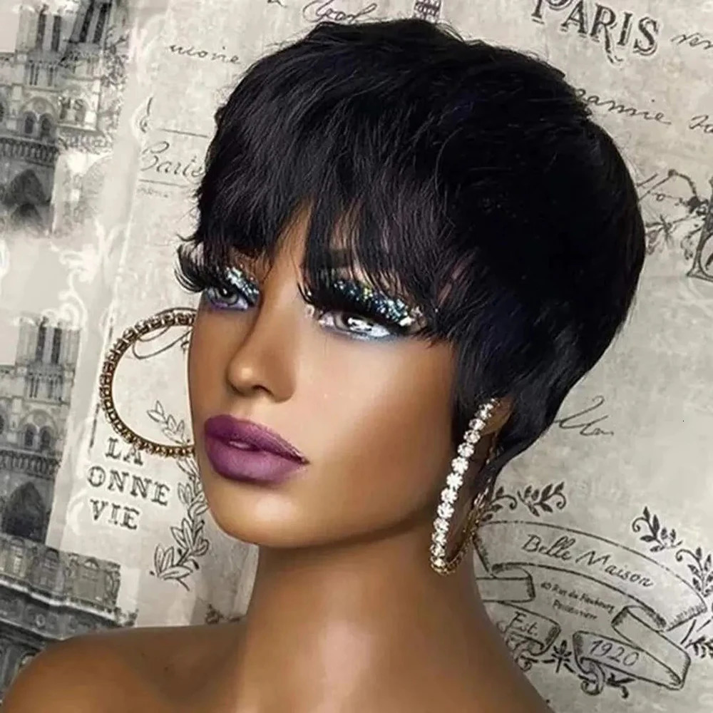 Short Pixie Cut Wig Human Hair For Black Women Machine Made Wigs With Bangs Short Wig Human Hair Wigs 250512