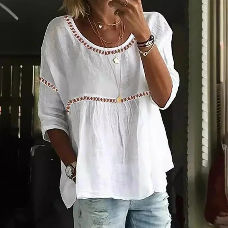 Summer Hollow Out Splice Shirt Women Spring Sevenquarter Sleeve Blouse Female Solid Color Casual Loose Pullover Tops 250515