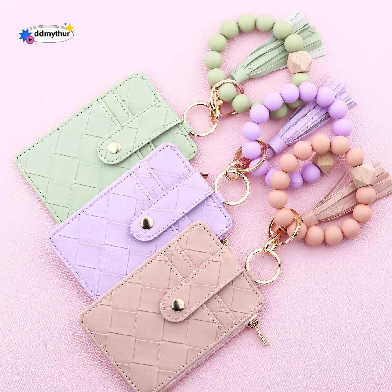 2025 New Arrival PU ID Credit Wallet with Wristlet Bangle Silicone Bead Tassel Card Holder Leather Keychain ddmythur