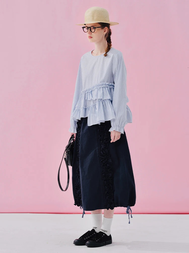 imakokoni Japanese shirt spring cotton washed blue and white stripe lace irregular n pullover top 250515