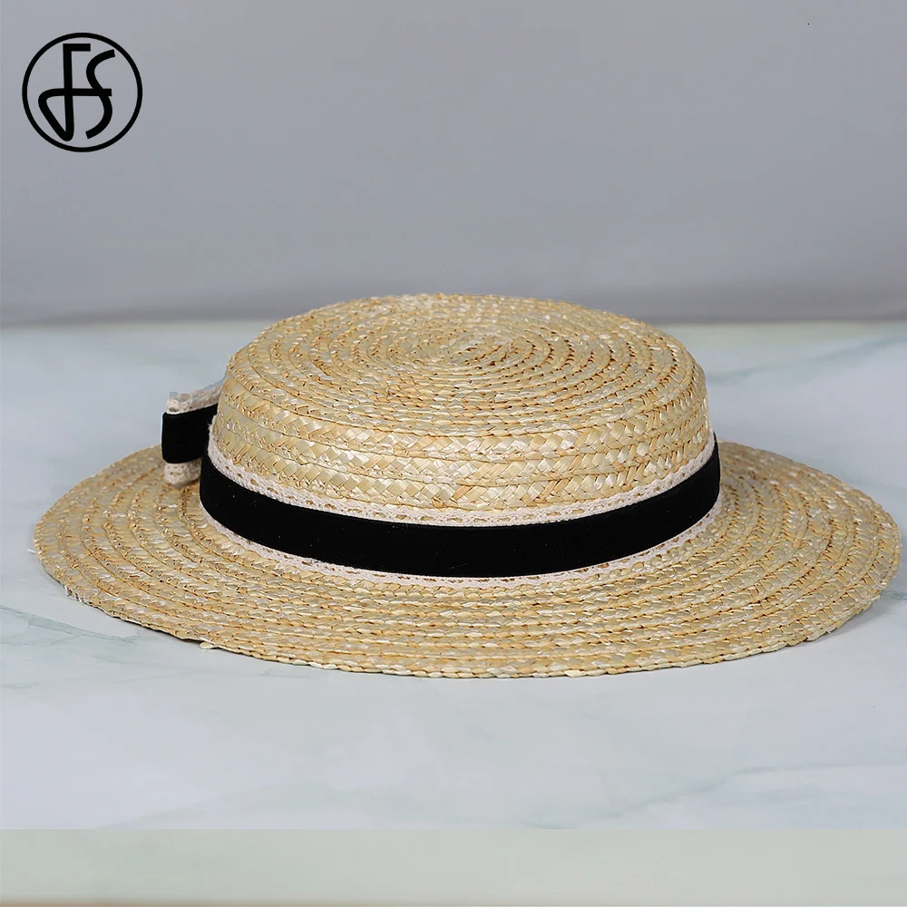 FS Flat Top Straw Hat With Velvet And Crochet Ribbon Bow Short Brim Cocktail Tea Party Cap Fascinator Hats For Women 2025 250514