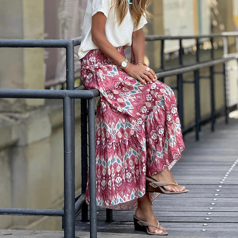 Womens Elegant Pattern Print Loose ALine Skirt Summer Casual Pleated Long Party Fashion Elastic Waist Big Swing Half 250515