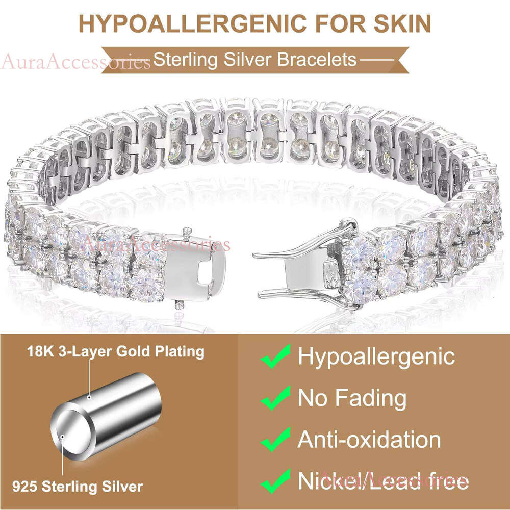 Femme Pass Dia Tester 2 Rows 3mm 4mm 5mm VVS Moissanite White Gold Plated Sterling Sier Tennis Bracelet for Men