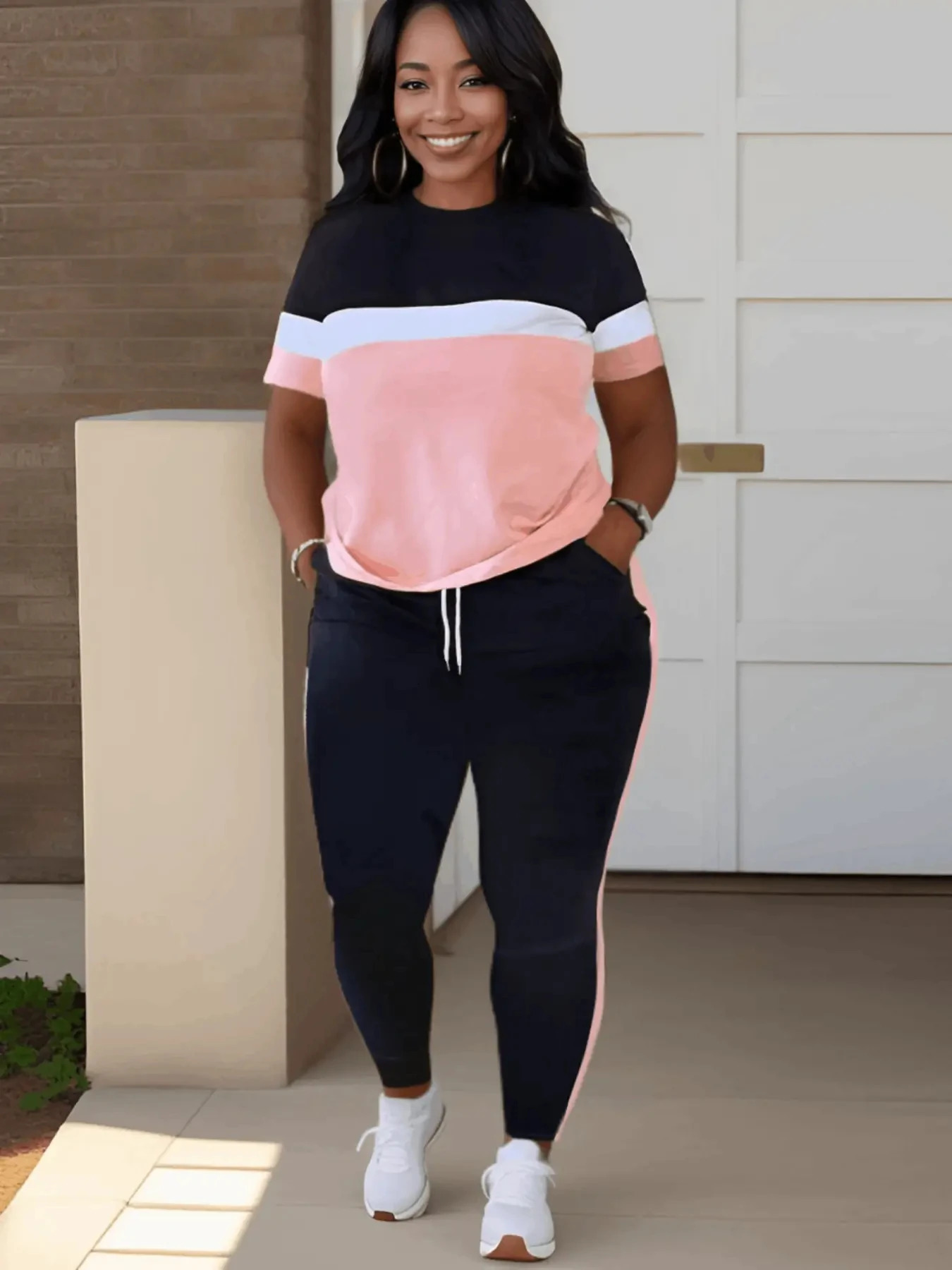 LW Womens Plus Size Colorblock Drawstring Pants Set Casual Short Sleeve T-shirt Pocket Jogger Pants Two Piece Set Women 250514