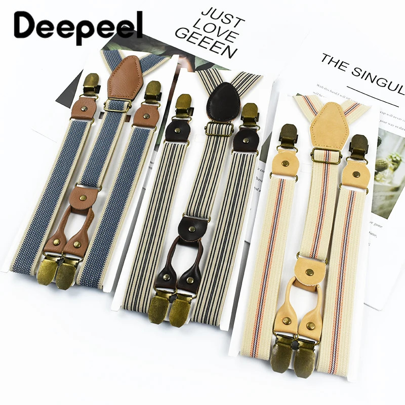 1Pc Deepeel 2/2.5*120cm Retro Mens Suspenders Unisex 4 Clips Y-Type Stripe Elastic Strap Braces Casual Accessory Male Jockstrap 250515