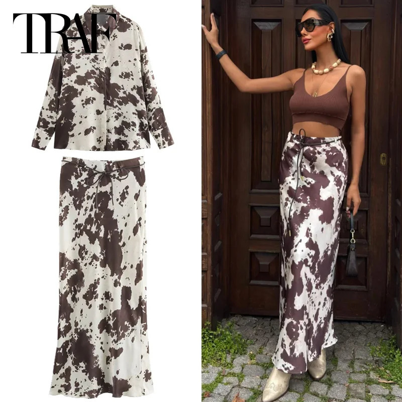 TRAF Print Satin Skirt Set Womens Suit Oversized Long Sleeve Shirt 2 Piece Sets Woman Outfit High Waist LaceUp 066 250515