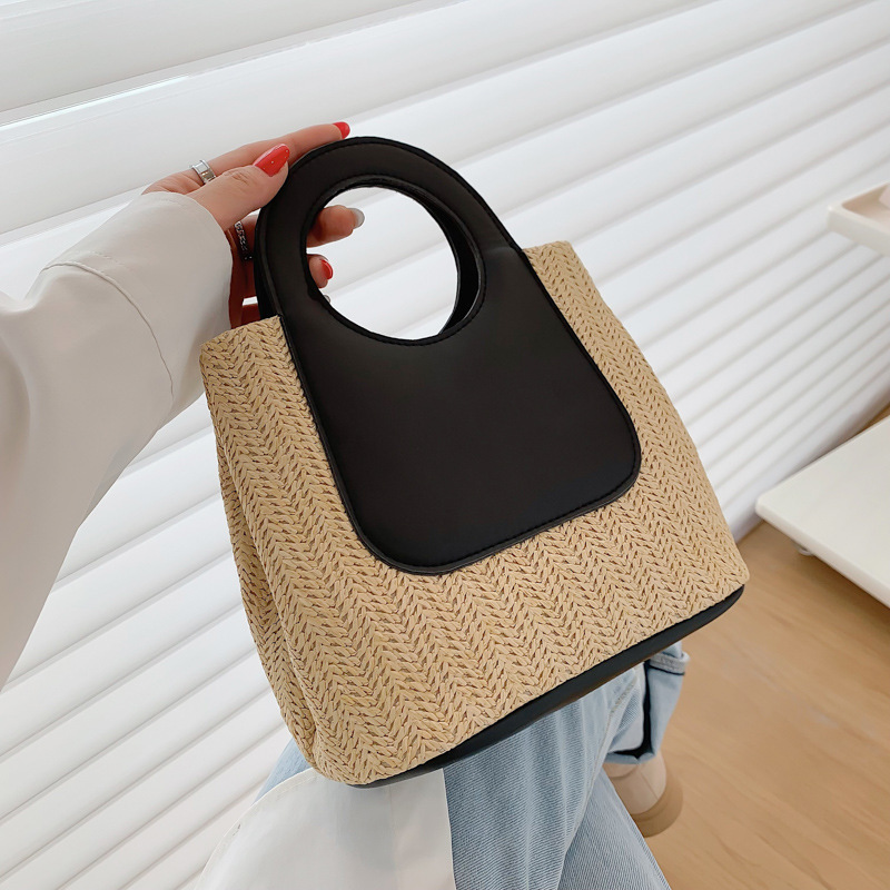 2025 Summer Contrast Spliced Grass Large Capacity Handmade Woven Bag Simple And Fashionable One Shoulder Handbag
