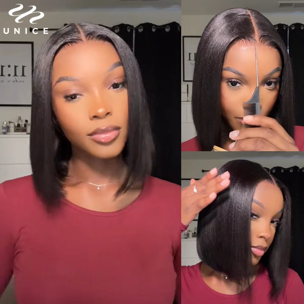 UNice Hair Drawstring Cap Yaki Straight Bob Wig Pre Cut Pre Bleached 7x5 Lace Closure Glueless Wigs Human Hair Ready To Wear Go 250512
