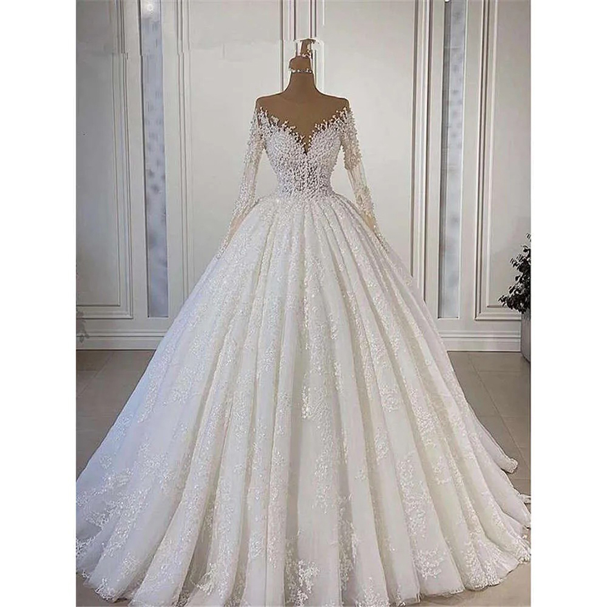 Real Photo Lace Appliques Ball gown Wedding Dresses Sweep Train Illsion Long Sleeves Robes De Mariage Plus Size Bridal Gowns
