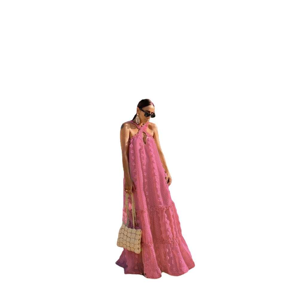 2023 Fashion Hanging Neck 3D Flower Floor mopping Cake Lace Long Dress