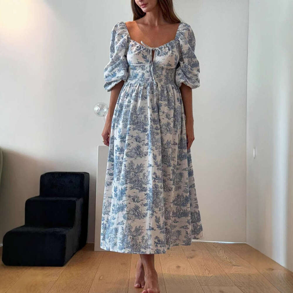 Spring summer new women's clothing, waist cinching slimming, lace up long skirt, printed and wrapped dress