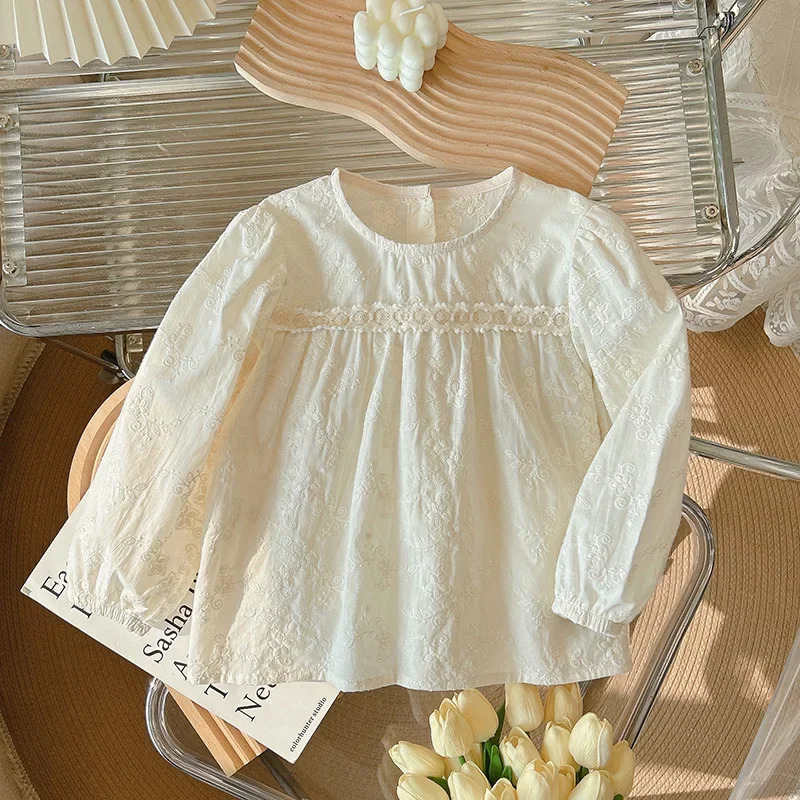 Baby Clothes Girls Blouses Shirts Lace Bottoming Shirt Solid Color Long-sleeved Sweet Cute T-shirt Outside Casual Simple 1PCS 250515