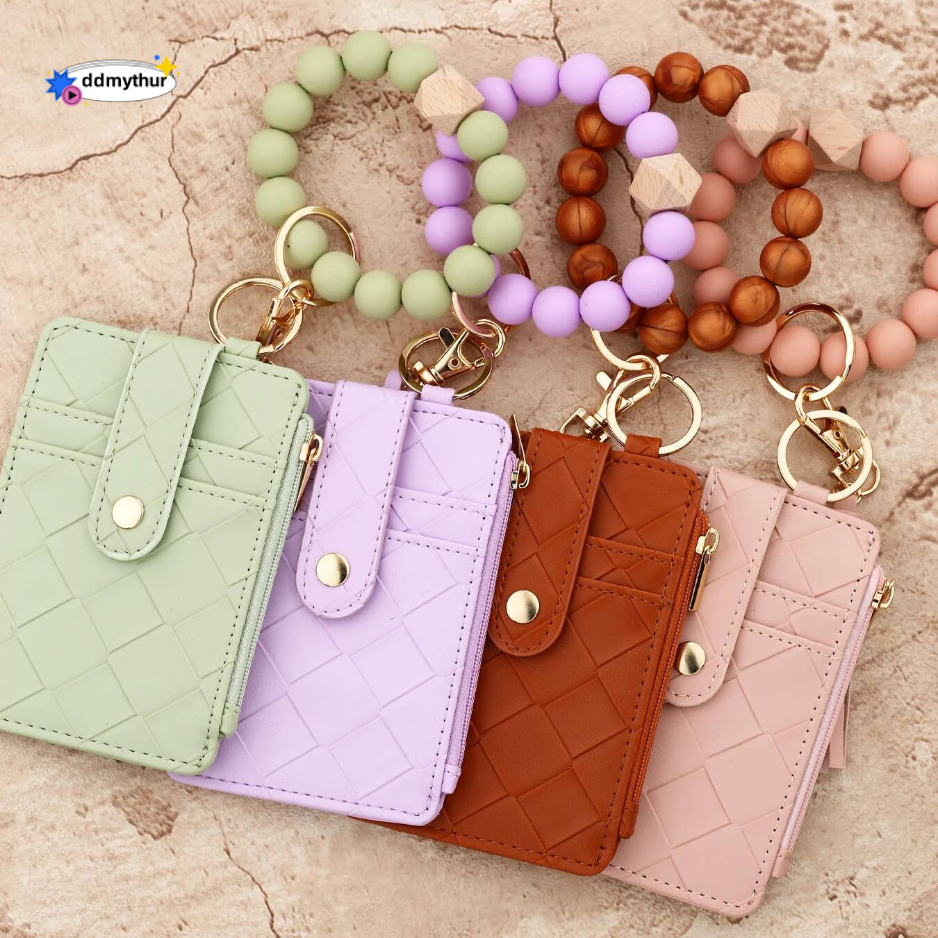 2025 New Arrival PU ID Credit Wallet with Wristlet Bangle Silicone Bead Tassel Card Holder Leather Keychain ddmythur